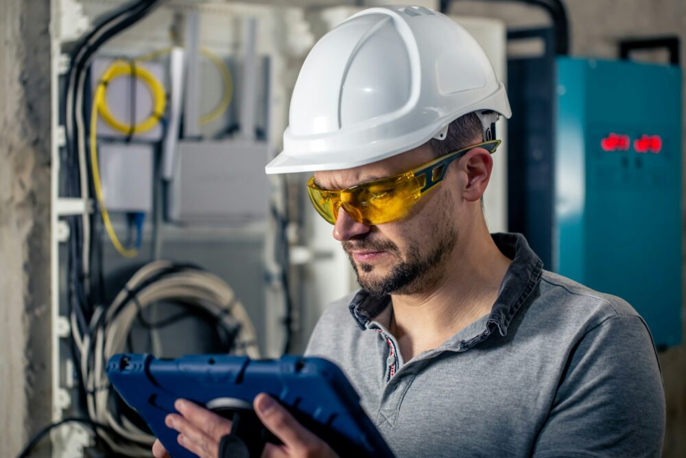Man, an electrical technician working in a switchboard with fuses, uses a tablet.
